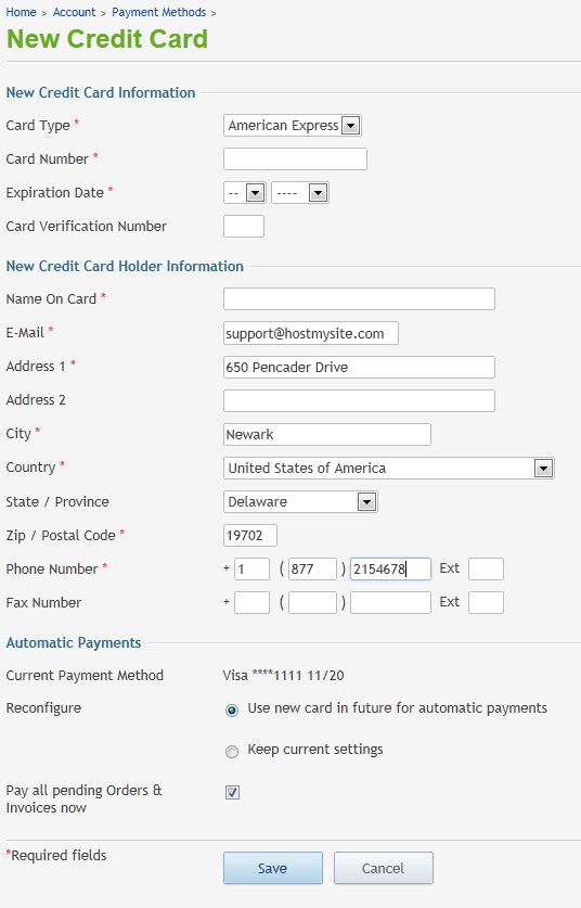 Add New Credit Card screen in HostMySite Control Panel