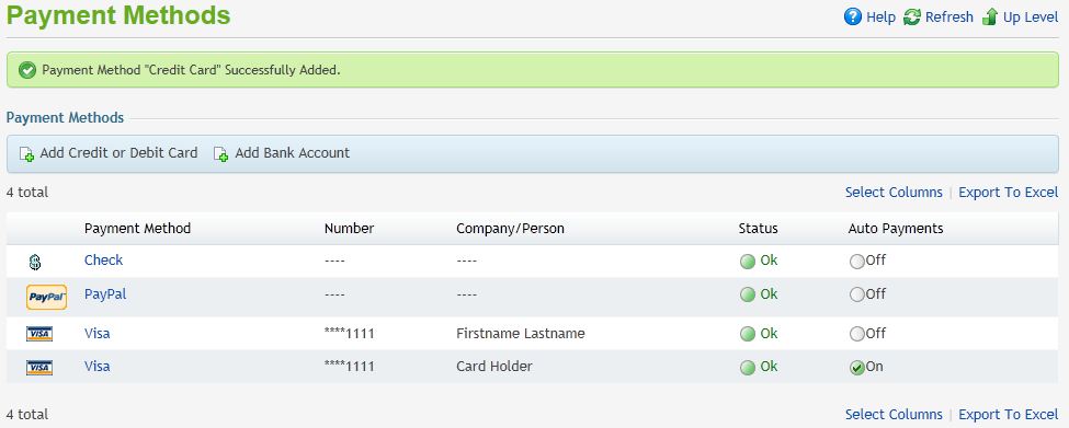 The Payment Methods Screen now shows the added credit card if you have successfully filled out the information.