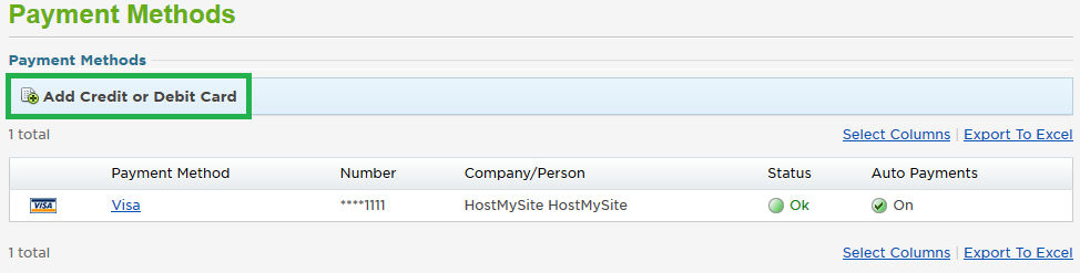 Payment Methods Screen in HostMySite Control Panel