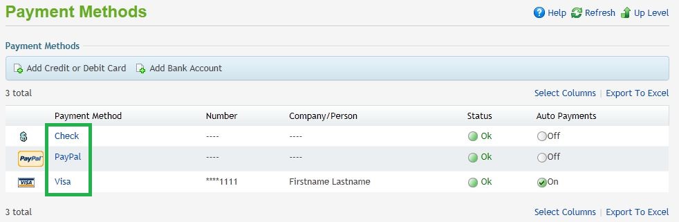 Payment Methods screen in the HostMySite Control Panel