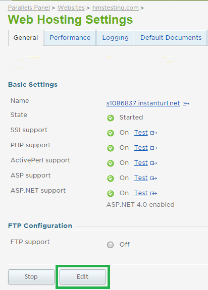 Edit Web Hosting Settings